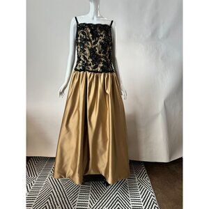 Robert Legere Black & Gold Evening Gown With Floral Sequin and Lace Bodice Sz Sm